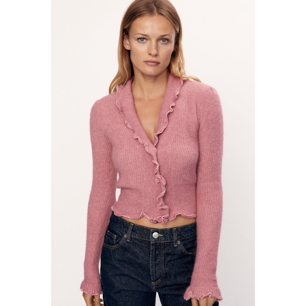 Zara Button Front Ruffle Velvet Trim Knit Cardigan Long Sleeve Sweater (NWT)